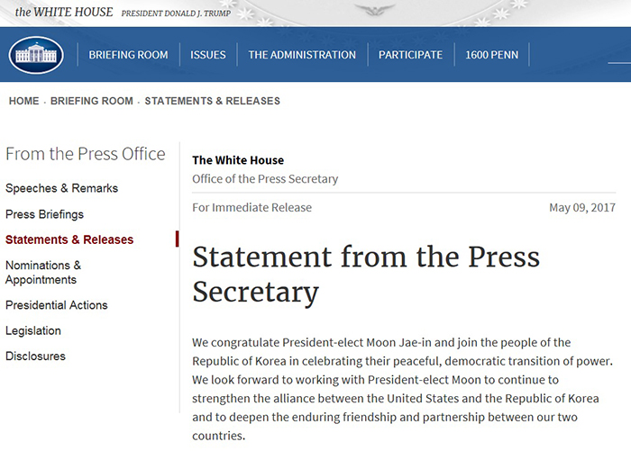 White House Press Secretary Sean Spicer puts out a statement congratulating the new Korean president on May 9. (White House)